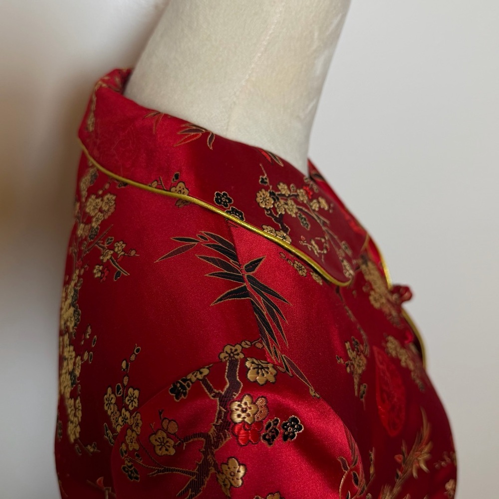 Asian Silk Red Gold Floral Women’s Jacket Blazer Size XXL Frog Button Closure - Picture 7 of 16